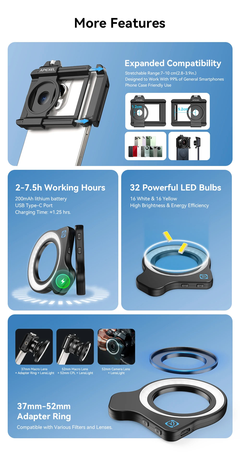 APEXEL 10-20X Zoom Macro Lens HD Micro Phone Camera Lenses