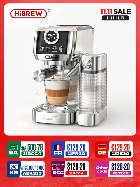 HiBREW  3 in 1 Semi Automatic Espresso Cappuccino Latte Coffee Machine Automatic Milk Froth Ground Coffee Stainless Steels H13A